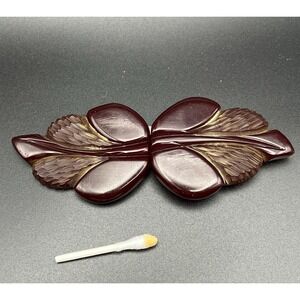 VTG 1940's Deep Brown Maroon Bakelite Carved Leaves 2 Piece Belt Buckle